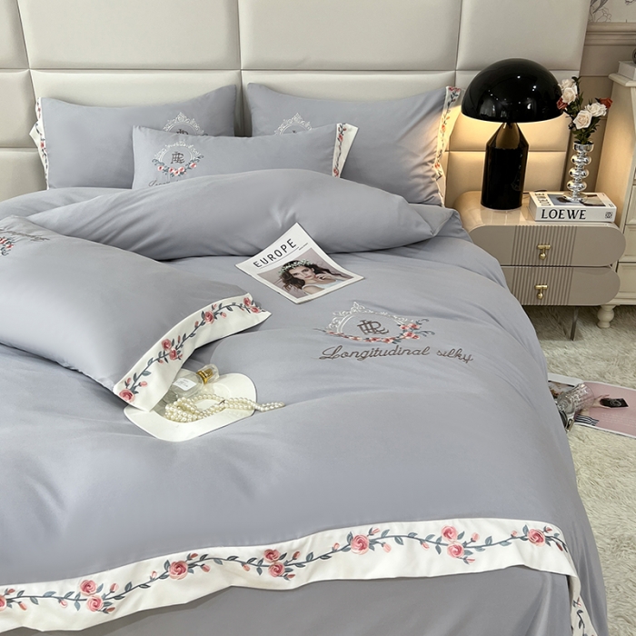 91家纺网 家纺一手货源 找家纺 易辰美 2024新款A类高克重水洗磨毛云柔棉刺绣四件套 绅士灰