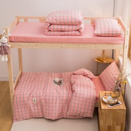 91家纺网 家纺一手货源 找家纺 柠萌 2025新款A类全棉色织水洗棉学生宿舍上下铺全棉三件套 粉灰小格