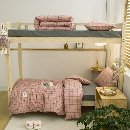 91家纺网 家纺一手货源 找家纺 柠萌 2025新款A类全棉色织水洗棉学生宿舍上下铺全棉三件套 格纹豆沙