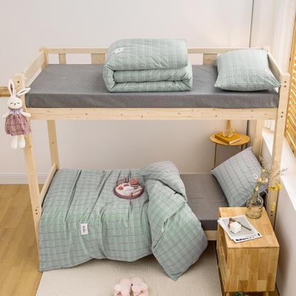 91家纺网 家纺一手货源 找家纺 柠萌 2025新款A类全棉色织水洗棉学生宿舍上下铺全棉三件套 海蓝格