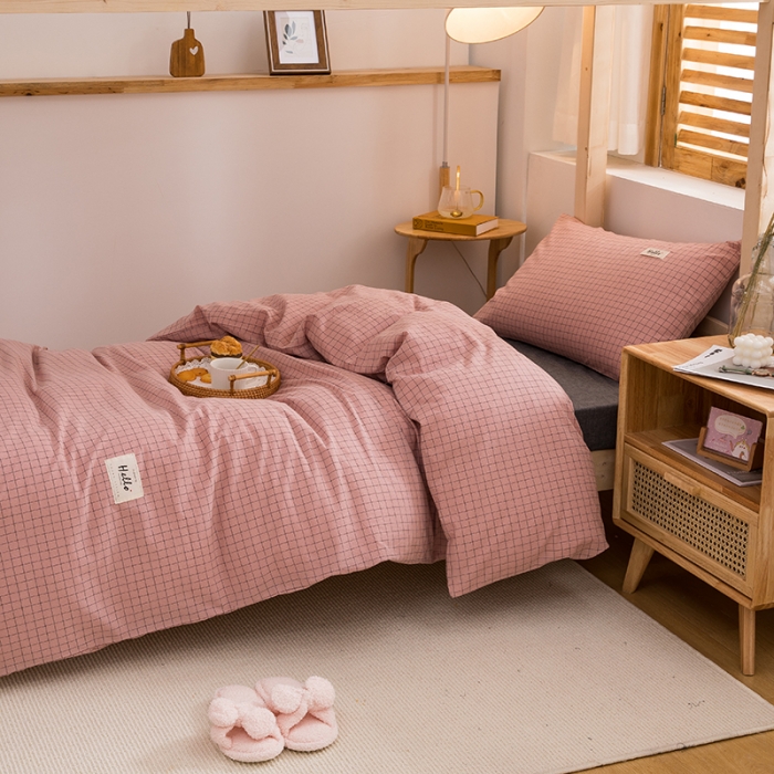 91家纺网 家纺一手货源 找家纺 柠萌 2025新款A类全棉色织水洗棉学生宿舍上下铺全棉三件套 豆沙小格