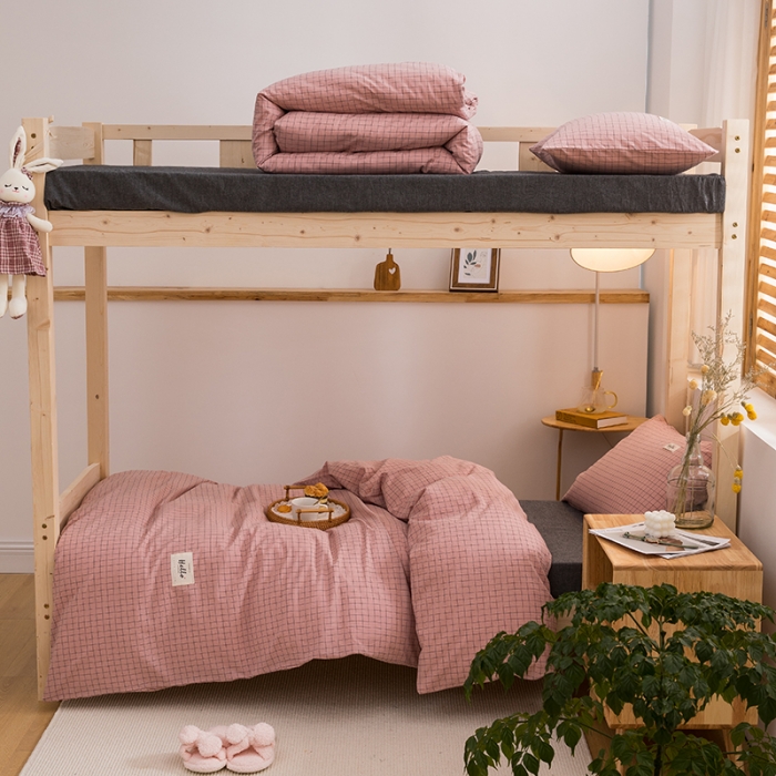 91家纺网 家纺一手货源 找家纺 柠萌 2025新款A类全棉色织水洗棉学生宿舍上下铺全棉三件套 豆沙小格