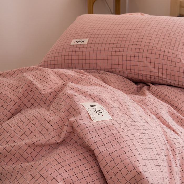 91家纺网 家纺一手货源 找家纺 柠萌 2025新款A类全棉色织水洗棉学生宿舍上下铺全棉三件套 豆沙小格
