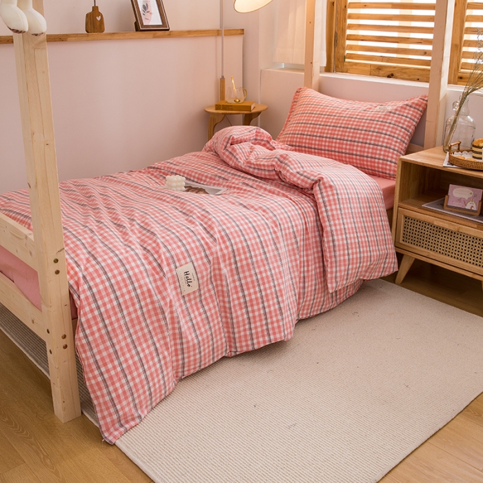 91家纺网 家纺一手货源 找家纺 柠萌 2025新款A类全棉色织水洗棉学生宿舍上下铺全棉三件套 粉灰小格