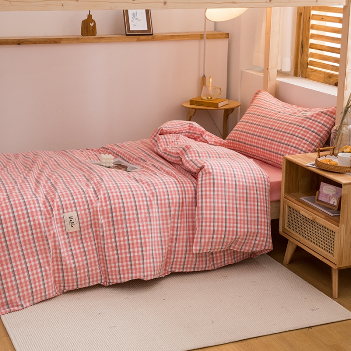 91家纺网 家纺一手货源 找家纺 柠萌 2025新款A类全棉色织水洗棉学生宿舍上下铺全棉三件套 粉灰小格