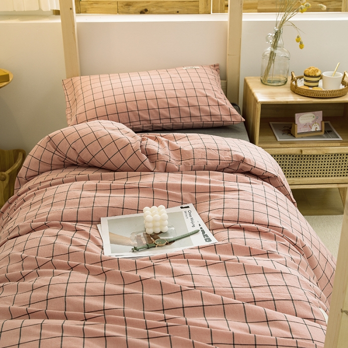 91家纺网 家纺一手货源 找家纺 柠萌 2025新款A类全棉色织水洗棉学生宿舍上下铺全棉三件套 格纹豆沙