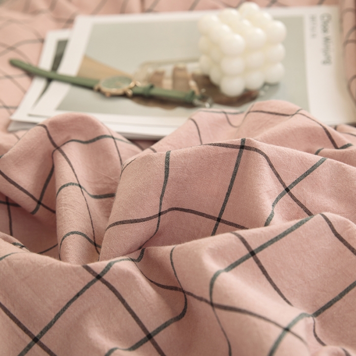 91家纺网 家纺一手货源 找家纺 柠萌 2025新款A类全棉色织水洗棉学生宿舍上下铺全棉三件套 格纹豆沙