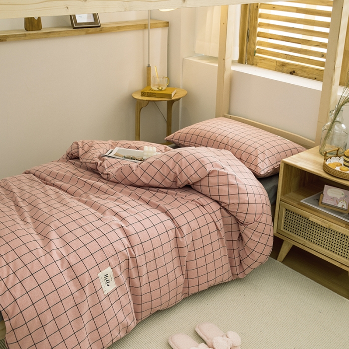 91家纺网 家纺一手货源 找家纺 柠萌 2025新款A类全棉色织水洗棉学生宿舍上下铺全棉三件套 格纹豆沙