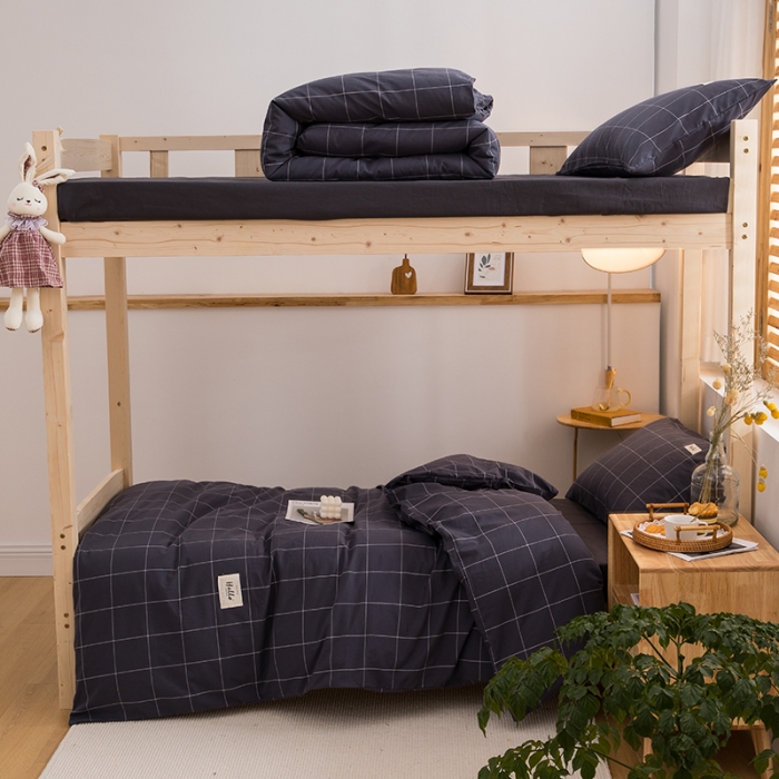 91家纺网 家纺一手货源 找家纺 柠萌 2025新款A类全棉色织水洗棉学生宿舍上下铺全棉三件套 格纹冷灰