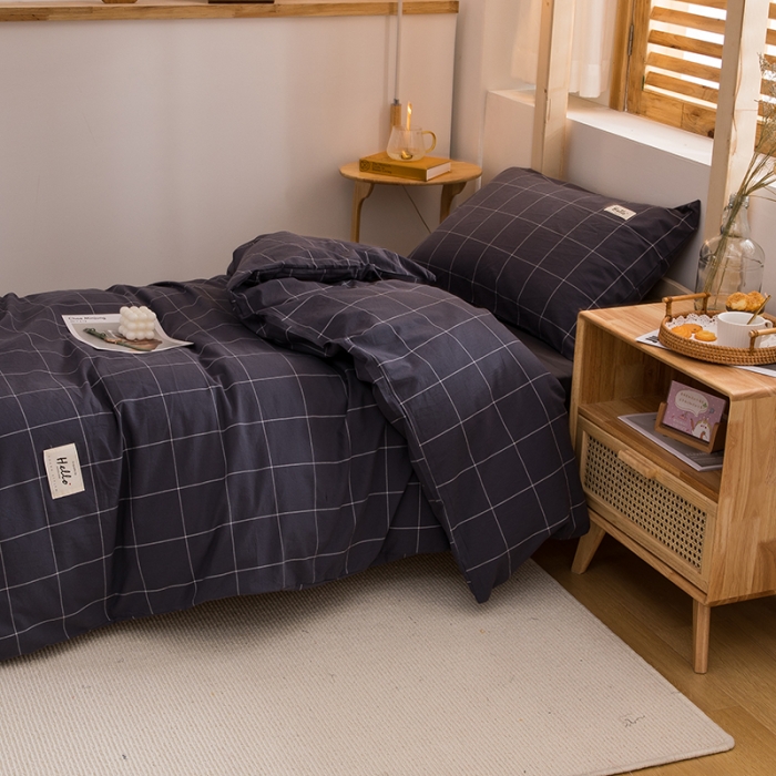 91家纺网 家纺一手货源 找家纺 柠萌 2025新款A类全棉色织水洗棉学生宿舍上下铺全棉三件套 格纹冷灰