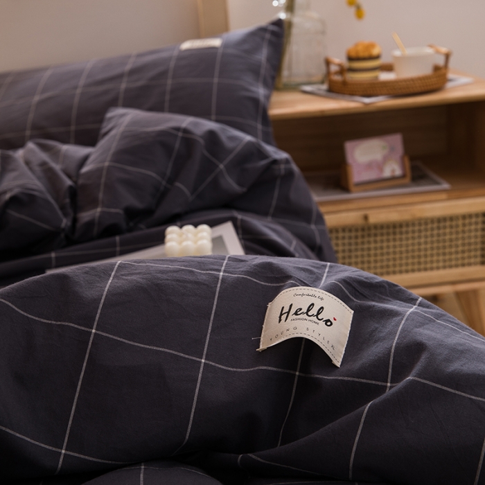 91家纺网 家纺一手货源 找家纺 柠萌 2025新款A类全棉色织水洗棉学生宿舍上下铺全棉三件套 格纹冷灰