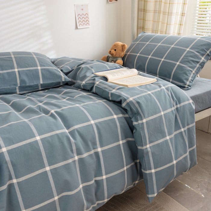 91家纺网 家纺一手货源 找家纺 柠萌 2025新款A类全棉色织水洗棉学生宿舍上下铺全棉三件套 海蓝大格