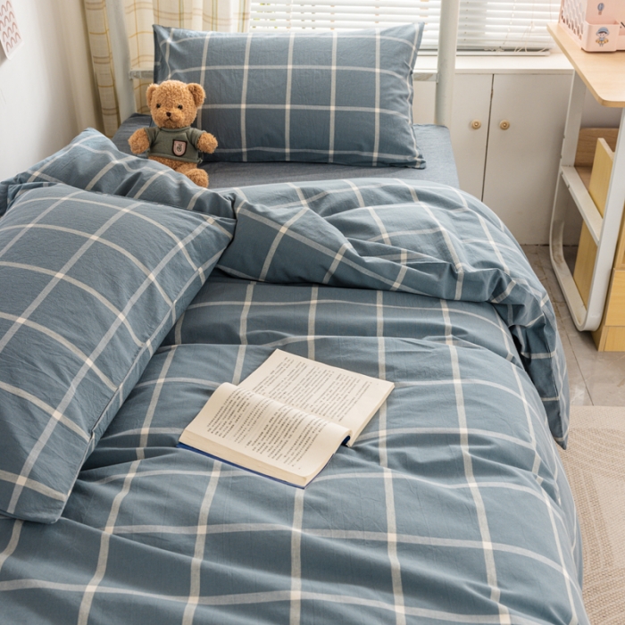 91家纺网 家纺一手货源 找家纺 柠萌 2025新款A类全棉色织水洗棉学生宿舍上下铺全棉三件套 海蓝大格