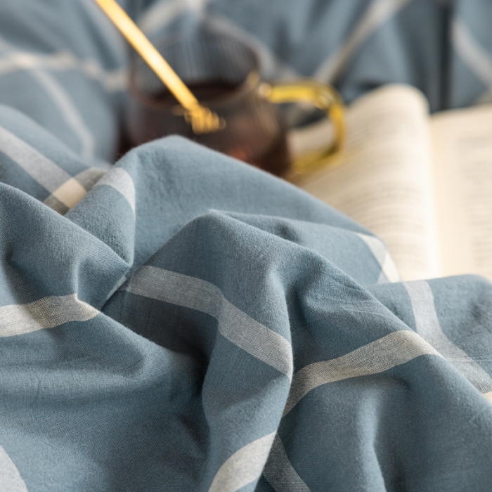 91家纺网 家纺一手货源 找家纺 柠萌 2025新款A类全棉色织水洗棉学生宿舍上下铺全棉三件套 海蓝大格