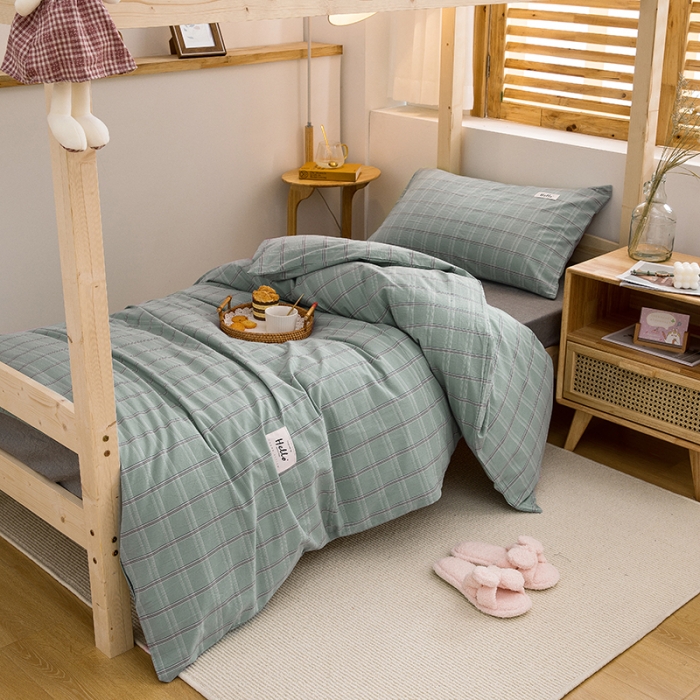 91家纺网 家纺一手货源 找家纺 柠萌 2025新款A类全棉色织水洗棉学生宿舍上下铺全棉三件套 海蓝格