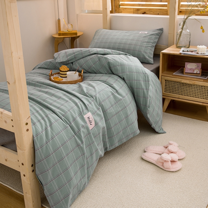 91家纺网 家纺一手货源 找家纺 柠萌 2025新款A类全棉色织水洗棉学生宿舍上下铺全棉三件套 海蓝格