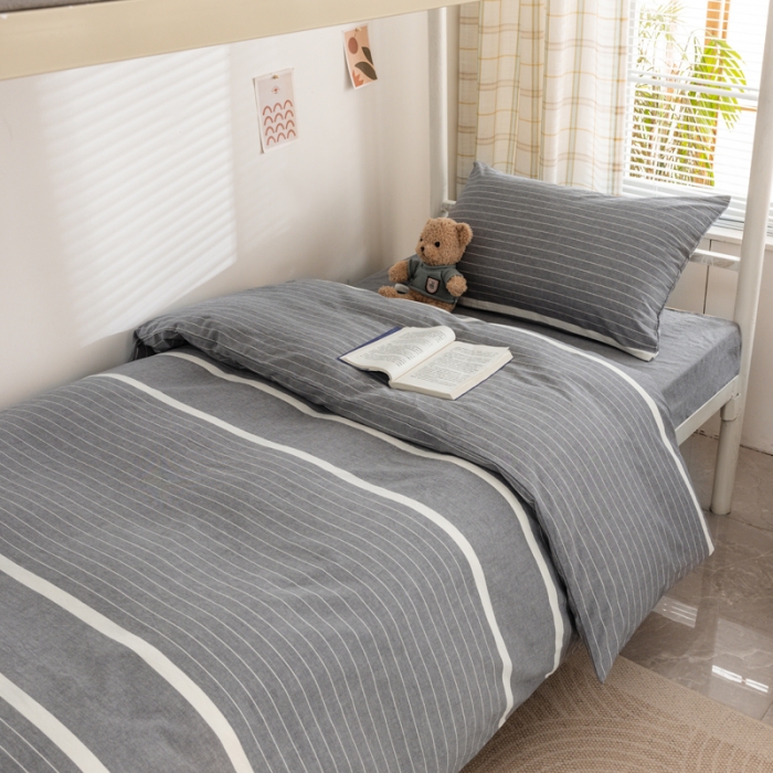 91家纺网 家纺一手货源 找家纺 柠萌 2025新款A类全棉色织水洗棉学生宿舍上下铺全棉三件套 灰白条