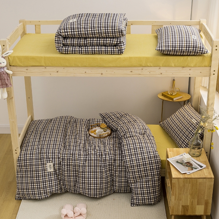 91家纺网 家纺一手货源 找家纺 柠萌 2025新款A类全棉色织水洗棉学生宿舍上下铺全棉三件套 灰黄小格