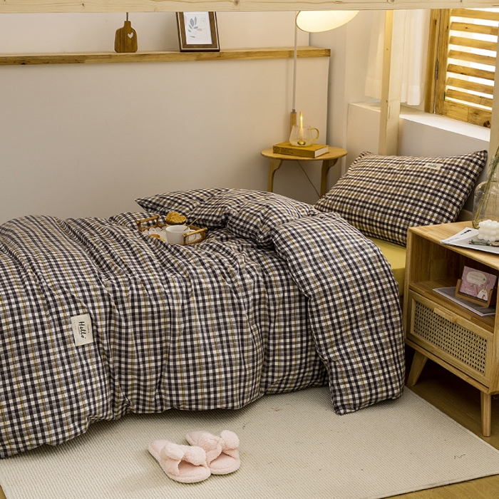 91家纺网 家纺一手货源 找家纺 柠萌 2025新款A类全棉色织水洗棉学生宿舍上下铺全棉三件套 灰黄小格