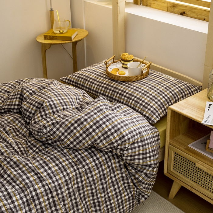 91家纺网 家纺一手货源 找家纺 柠萌 2025新款A类全棉色织水洗棉学生宿舍上下铺全棉三件套 灰黄小格