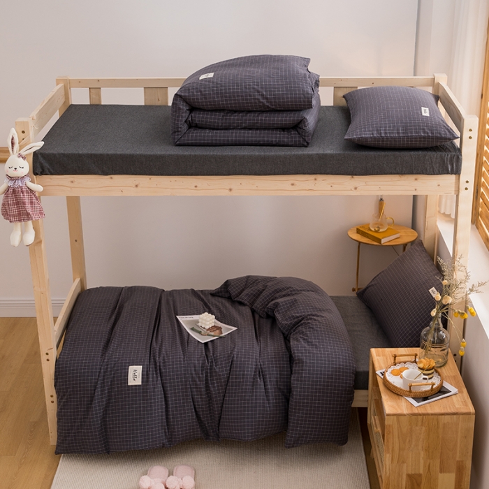 91家纺网 家纺一手货源 找家纺 柠萌 2025新款A类全棉色织水洗棉学生宿舍上下铺全棉三件套 灰小格