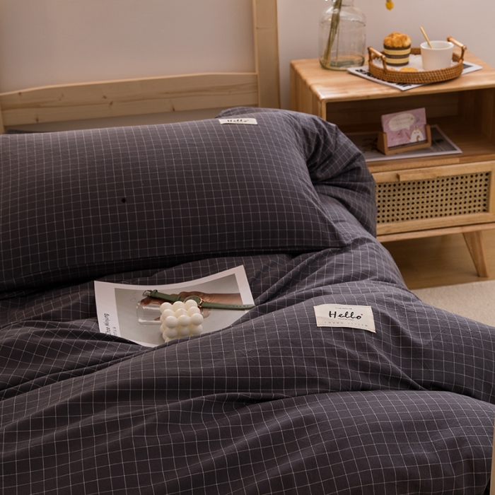 91家纺网 家纺一手货源 找家纺 柠萌 2025新款A类全棉色织水洗棉学生宿舍上下铺全棉三件套 灰小格