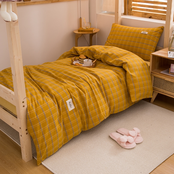 91家纺网 家纺一手货源 找家纺 柠萌 2025新款A类全棉色织水洗棉学生宿舍上下铺全棉三件套 姜黄格