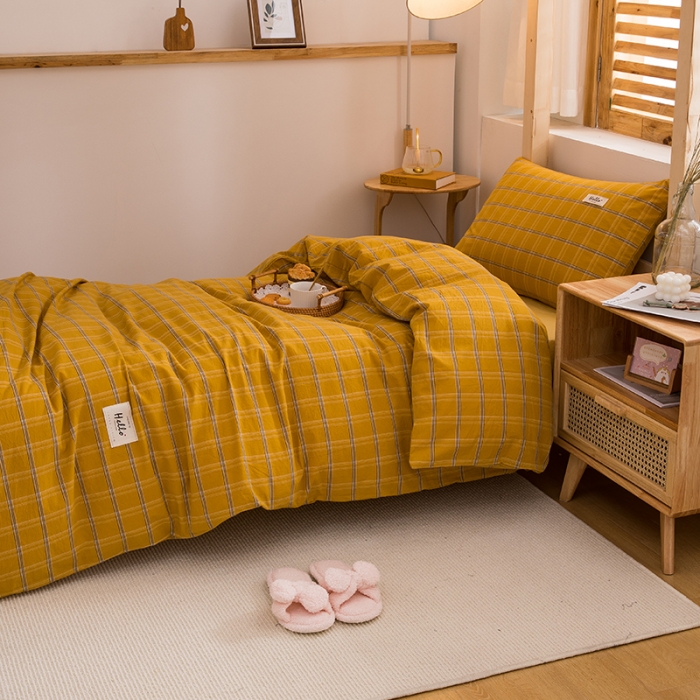 91家纺网 家纺一手货源 找家纺 柠萌 2025新款A类全棉色织水洗棉学生宿舍上下铺全棉三件套 姜黄格