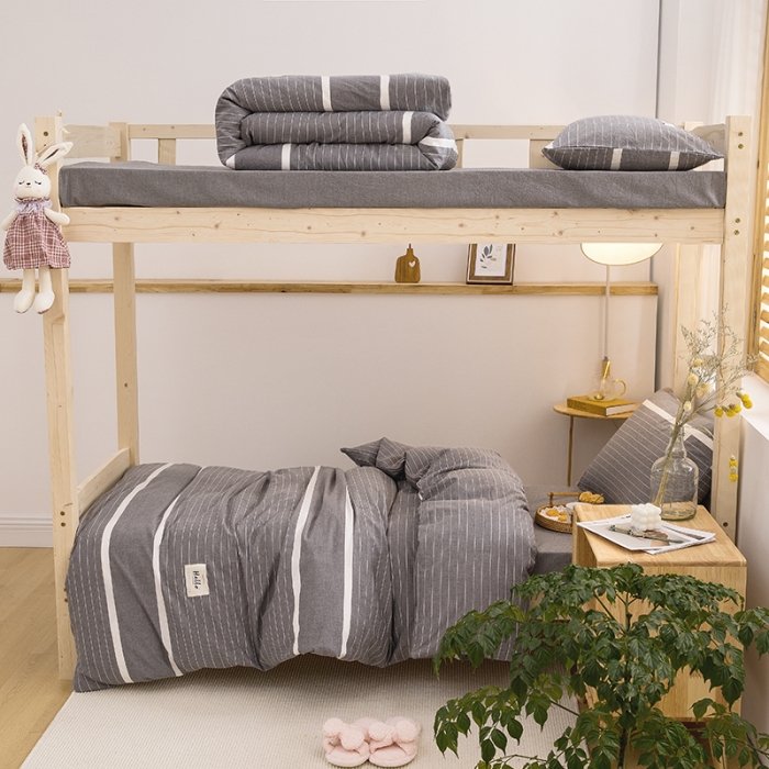 91家纺网 家纺一手货源 找家纺 柠萌 2025新款A类全棉色织水洗棉学生宿舍上下铺全棉三件套 宽双线冷灰