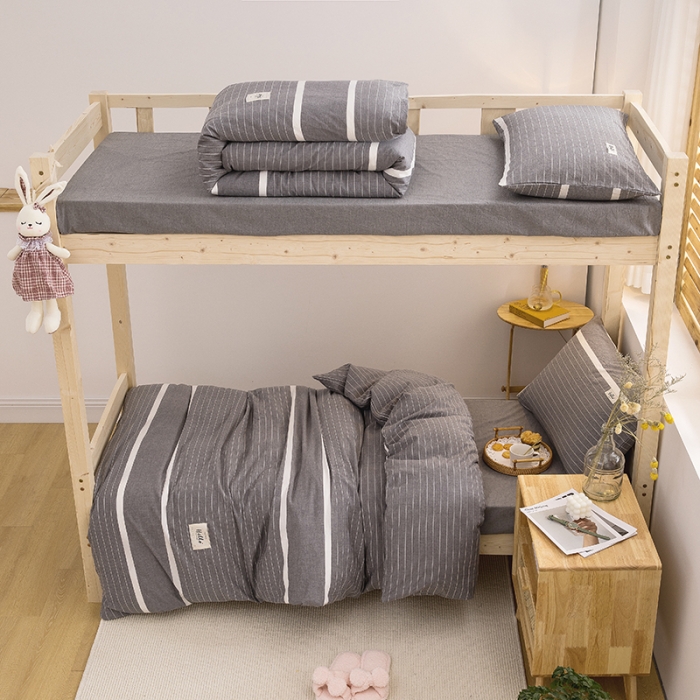 91家纺网 家纺一手货源 找家纺 柠萌 2025新款A类全棉色织水洗棉学生宿舍上下铺全棉三件套 宽双线冷灰