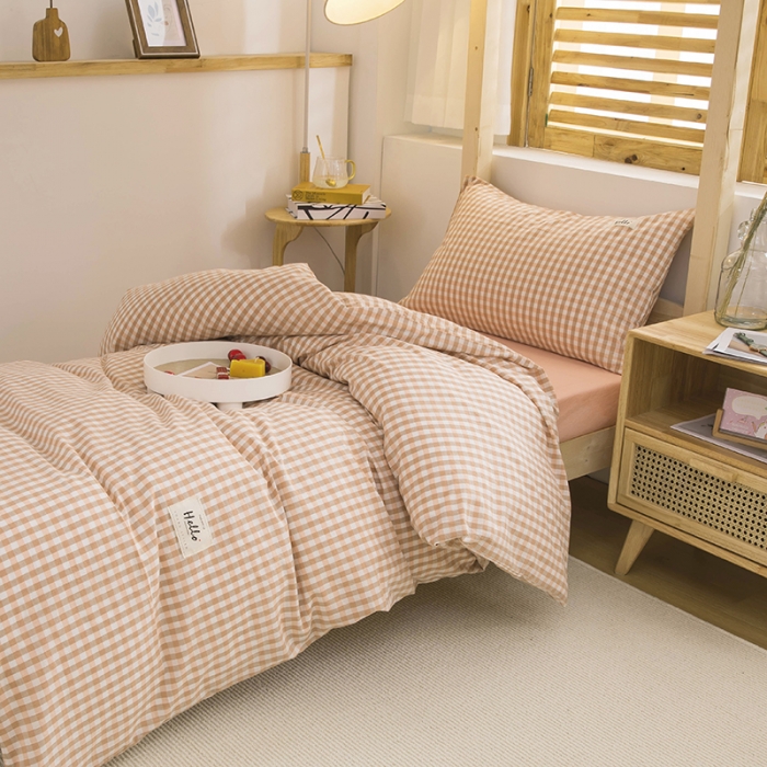 91家纺网 家纺一手货源 找家纺 柠萌 2025新款A类全棉色织水洗棉学生宿舍上下铺全棉三件套 蜜粉小格