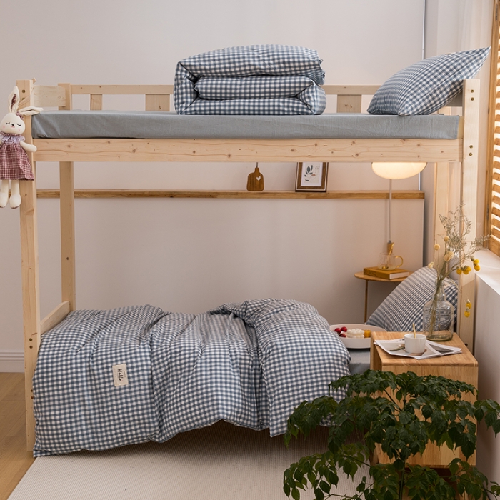 91家纺网 家纺一手货源 找家纺 柠萌 2025新款A类全棉色织水洗棉学生宿舍上下铺全棉三件套 浅蓝小格