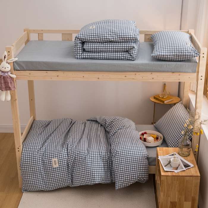 91家纺网 家纺一手货源 找家纺 柠萌 2025新款A类全棉色织水洗棉学生宿舍上下铺全棉三件套 浅蓝小格