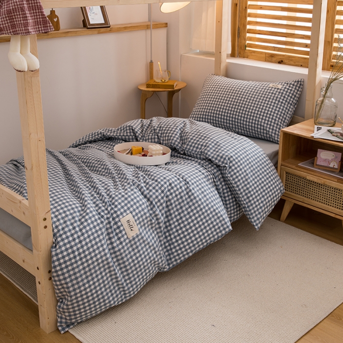 91家纺网 家纺一手货源 找家纺 柠萌 2025新款A类全棉色织水洗棉学生宿舍上下铺全棉三件套 浅蓝小格