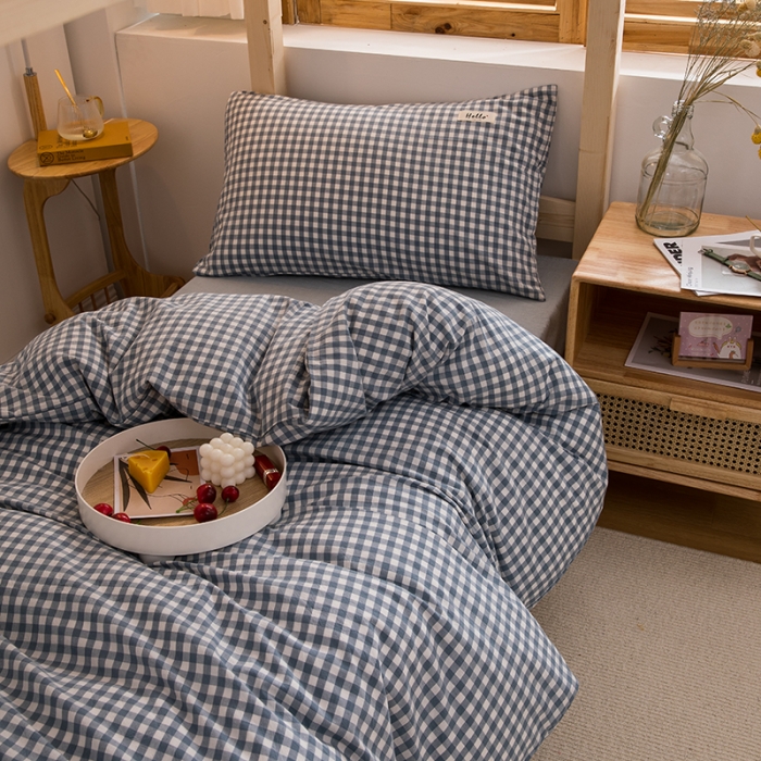 91家纺网 家纺一手货源 找家纺 柠萌 2025新款A类全棉色织水洗棉学生宿舍上下铺全棉三件套 浅蓝小格