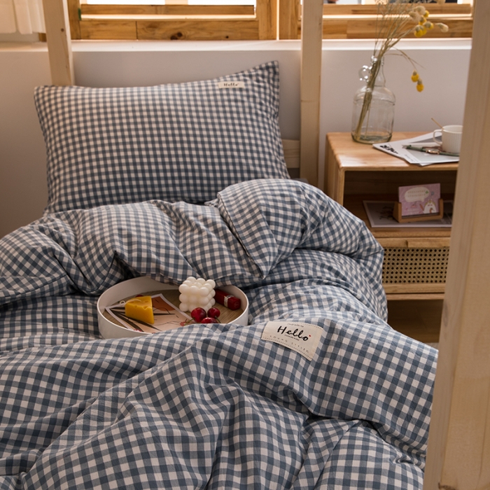 91家纺网 家纺一手货源 找家纺 柠萌 2025新款A类全棉色织水洗棉学生宿舍上下铺全棉三件套 浅蓝小格