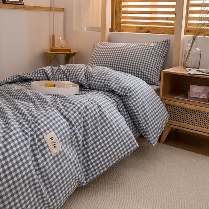 91家纺网 家纺一手货源 找家纺 柠萌 2025新款A类全棉色织水洗棉学生宿舍上下铺全棉三件套 浅蓝小格