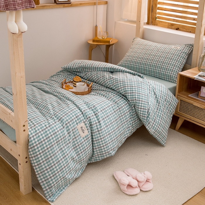 91家纺网 家纺一手货源 找家纺 柠萌 2025新款A类全棉色织水洗棉学生宿舍上下铺全棉三件套 海蓝小格