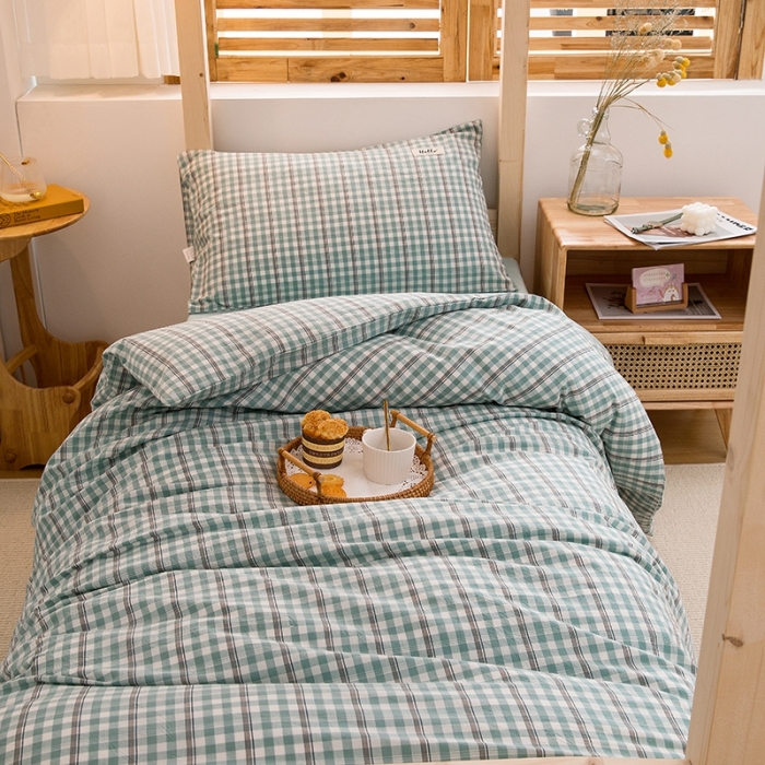 91家纺网 家纺一手货源 找家纺 柠萌 2025新款A类全棉色织水洗棉学生宿舍上下铺全棉三件套 海蓝小格