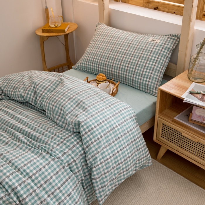 91家纺网 家纺一手货源 找家纺 柠萌 2025新款A类全棉色织水洗棉学生宿舍上下铺全棉三件套 海蓝小格