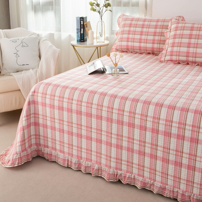 91家纺网 家纺一手货源 找家纺 （总）优姿 2024新款全棉色织水洗棉床盖格子系列床盖三件套