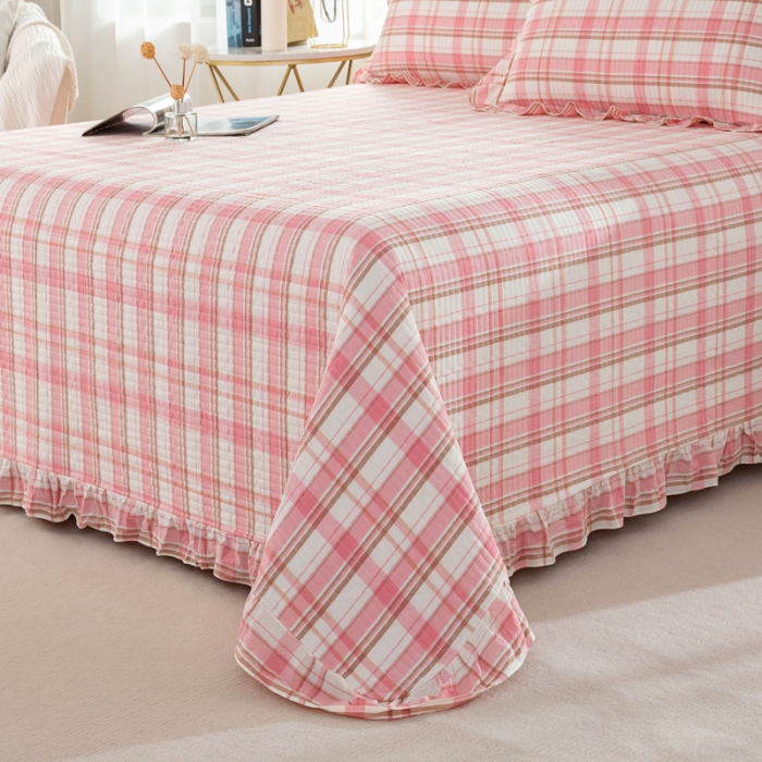 91家纺网 家纺一手货源 找家纺 （总）优姿 2024新款全棉色织水洗棉床盖格子系列床盖三件套