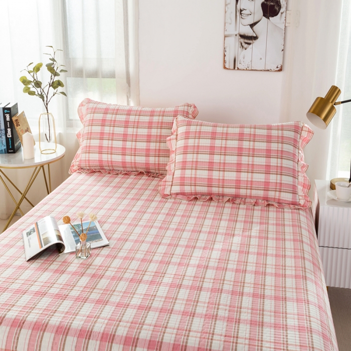 91家纺网 家纺一手货源 找家纺 （总）优姿 2024新款全棉色织水洗棉床盖格子系列床盖三件套