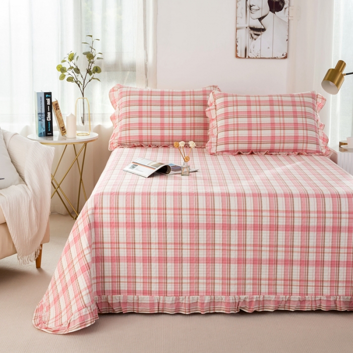 91家纺网 家纺一手货源 找家纺 优姿 2024新款全棉色织水洗棉床盖格子系列床盖三件套 格子粉