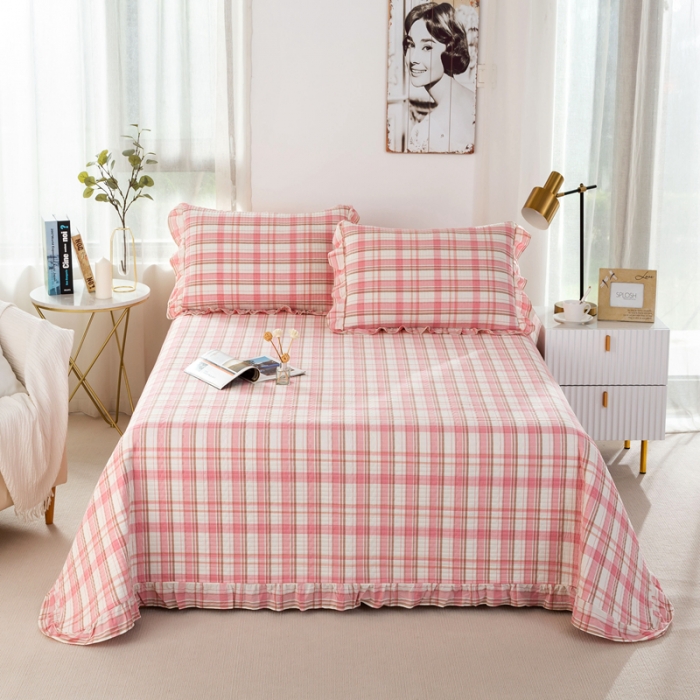 91家纺网 家纺一手货源 找家纺 优姿 2024新款全棉色织水洗棉床盖格子系列床盖三件套 格子粉