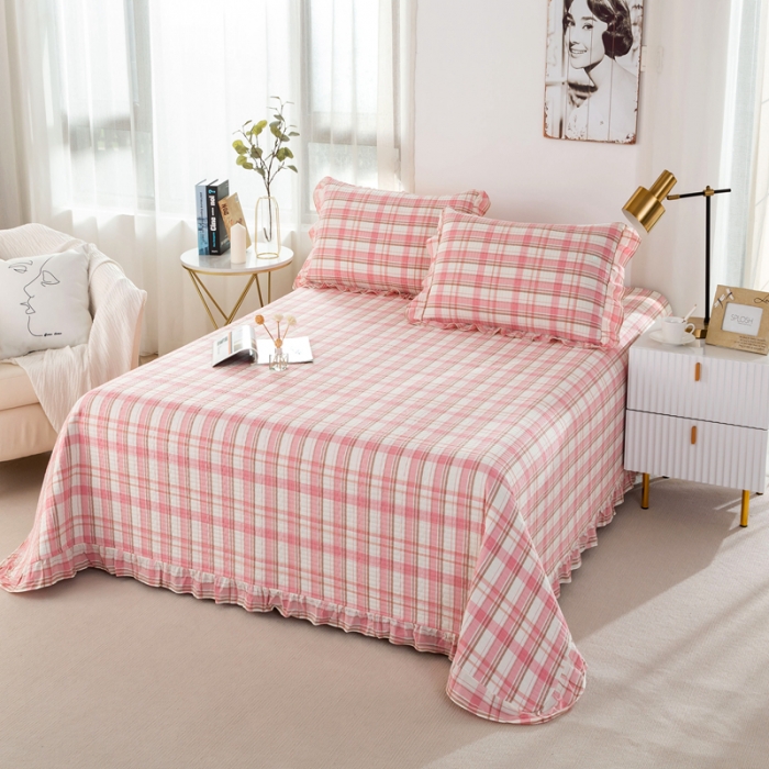 91家纺网 家纺一手货源 找家纺 优姿 2024新款全棉色织水洗棉床盖格子系列床盖三件套 格子粉