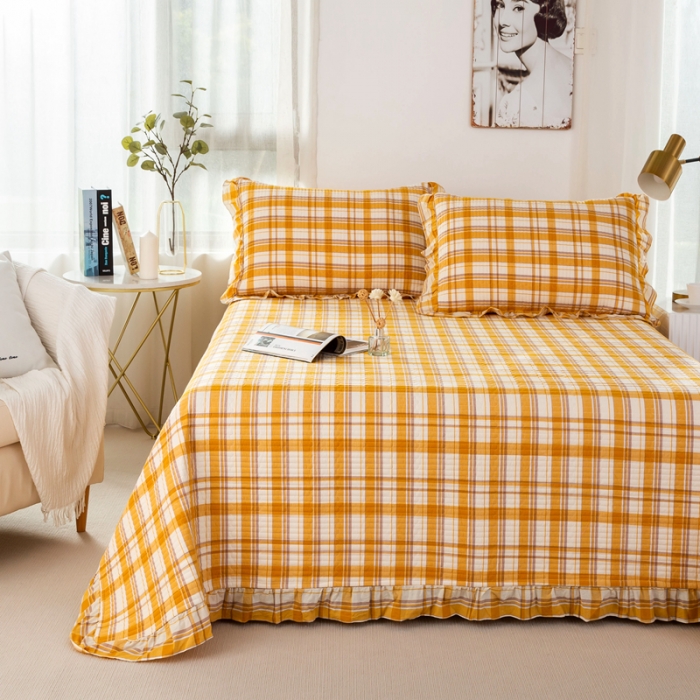 91家纺网 家纺一手货源 找家纺 优姿 2024新款全棉色织水洗棉床盖格子系列床盖三件套 格子桔色