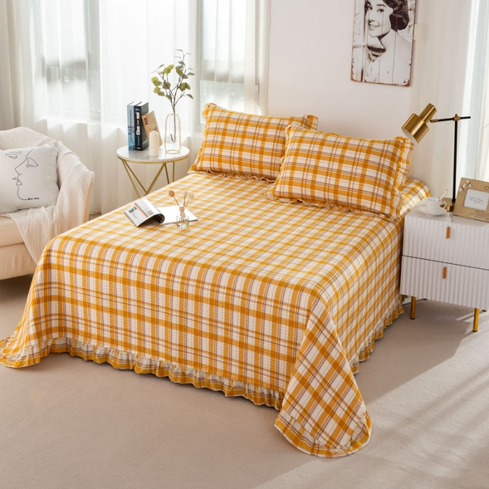 91家纺网 家纺一手货源 找家纺 优姿 2024新款全棉色织水洗棉床盖格子系列床盖三件套 格子桔色