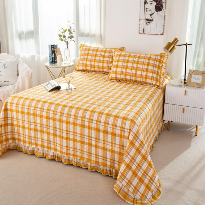 91家纺网 家纺一手货源 找家纺 优姿 2024新款全棉色织水洗棉床盖格子系列床盖三件套 格子桔色