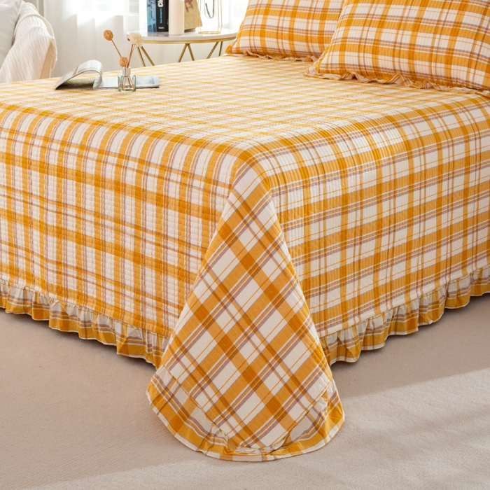 91家纺网 家纺一手货源 找家纺 优姿 2024新款全棉色织水洗棉床盖格子系列床盖三件套 格子桔色